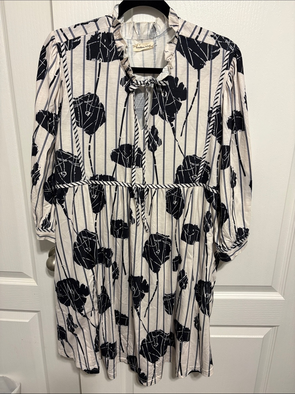 Black & White Floral Stripe Tie-Neck Midi Dress